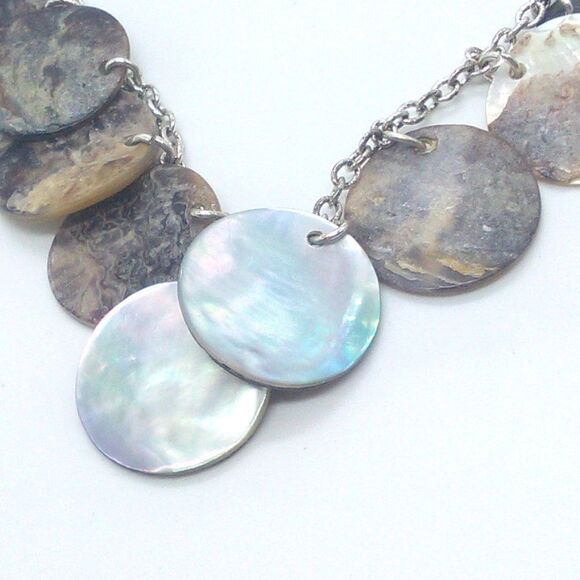 Abalone Disc Shell Necklace Browns Silver Tone Chain 16-19" - Picture 7 of 9